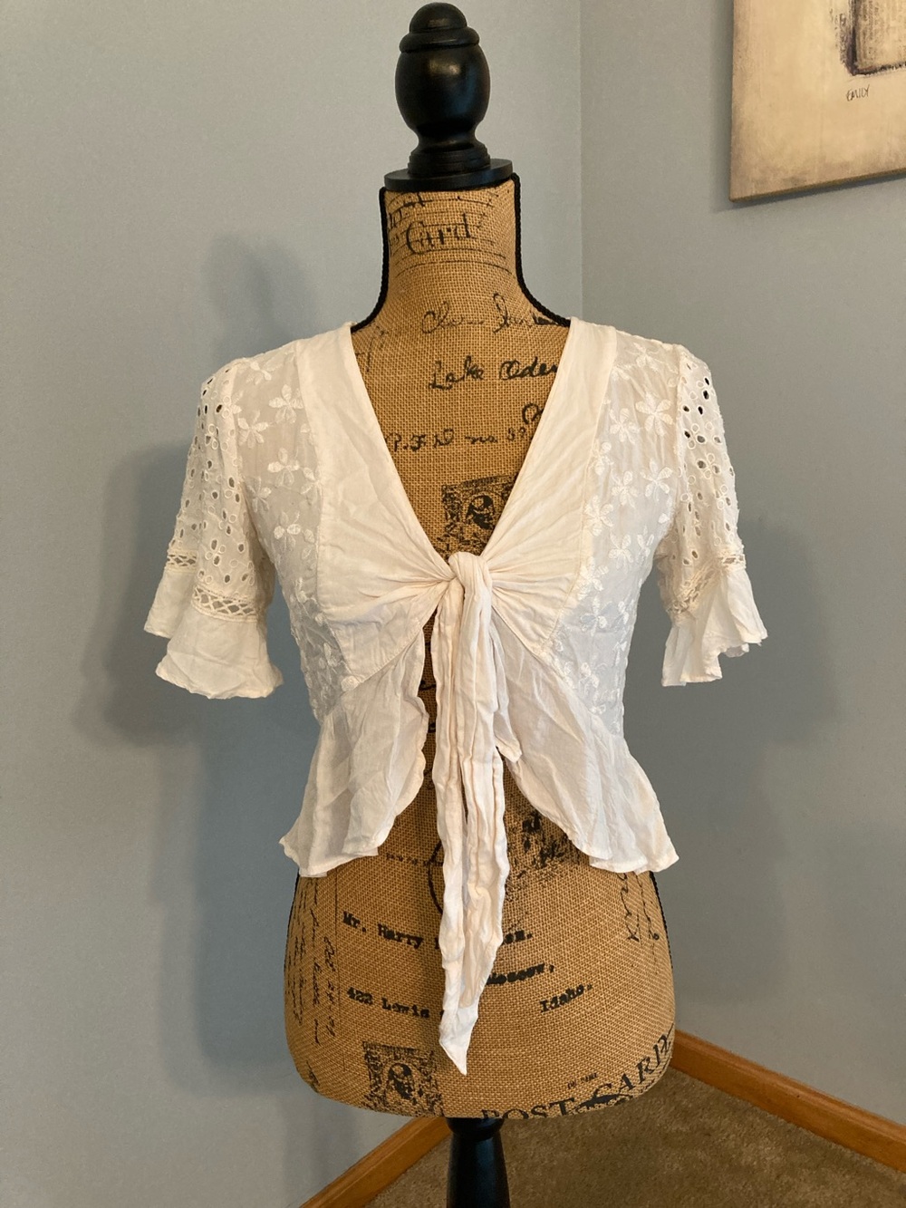 American Eagle Outfitters Cream Embroidered Tie-Front Crop Top Women Size XS